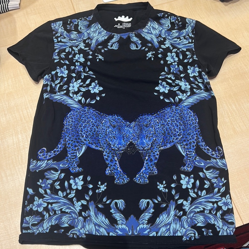 Saks Fifth Avenue Embroidered Blue Panther Shirt and Floral Design